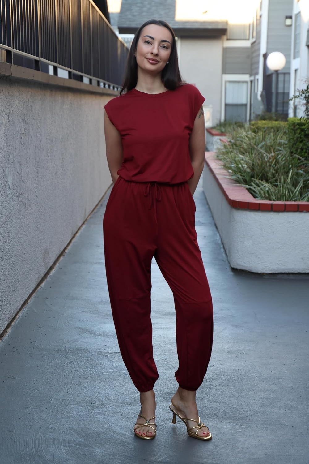 image:imageEkouaer Womens Jumpsuit Casual One Piece Summer Vacation Outfit with PocketWine Red