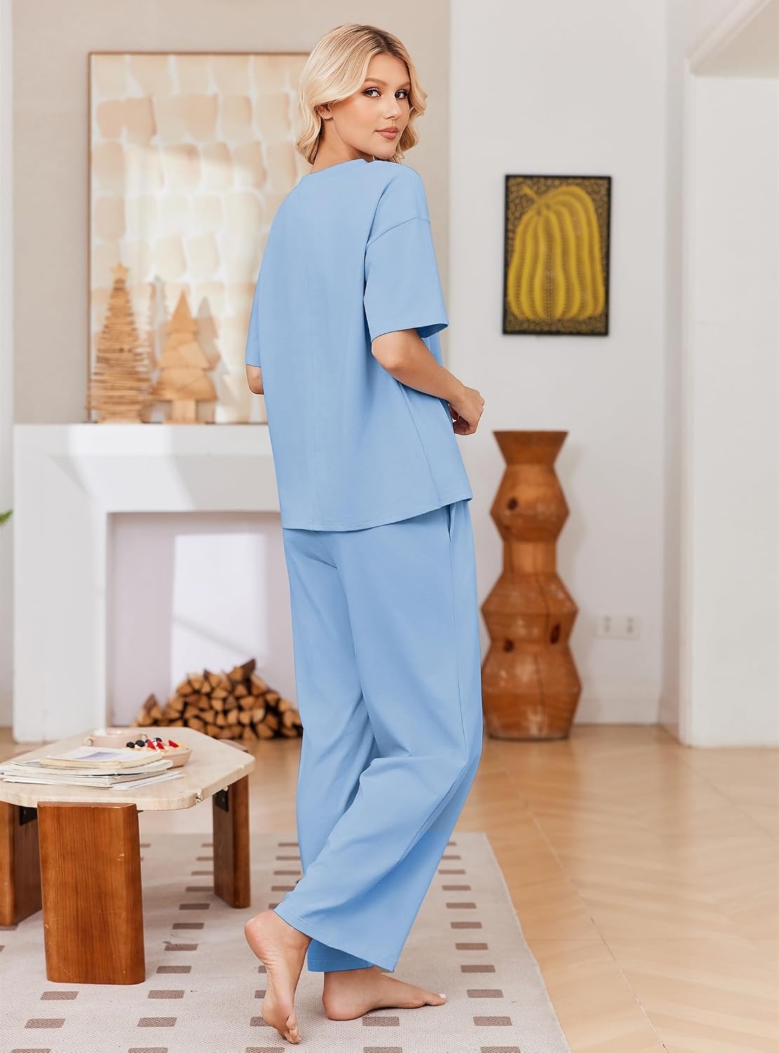 image:imageEkouaer Womens Pajama Sets Cotton Short Sleeve Long Pants Lounge SetLight Blue