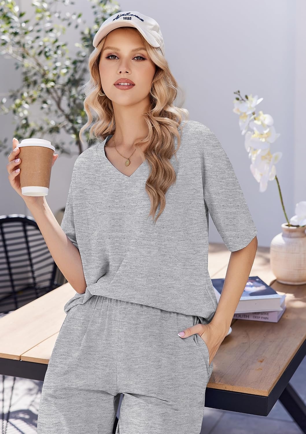 image:imageEkouaer Womens Pajama Sets Cotton Short Sleeve Long Pants Lounge SetLight Grey