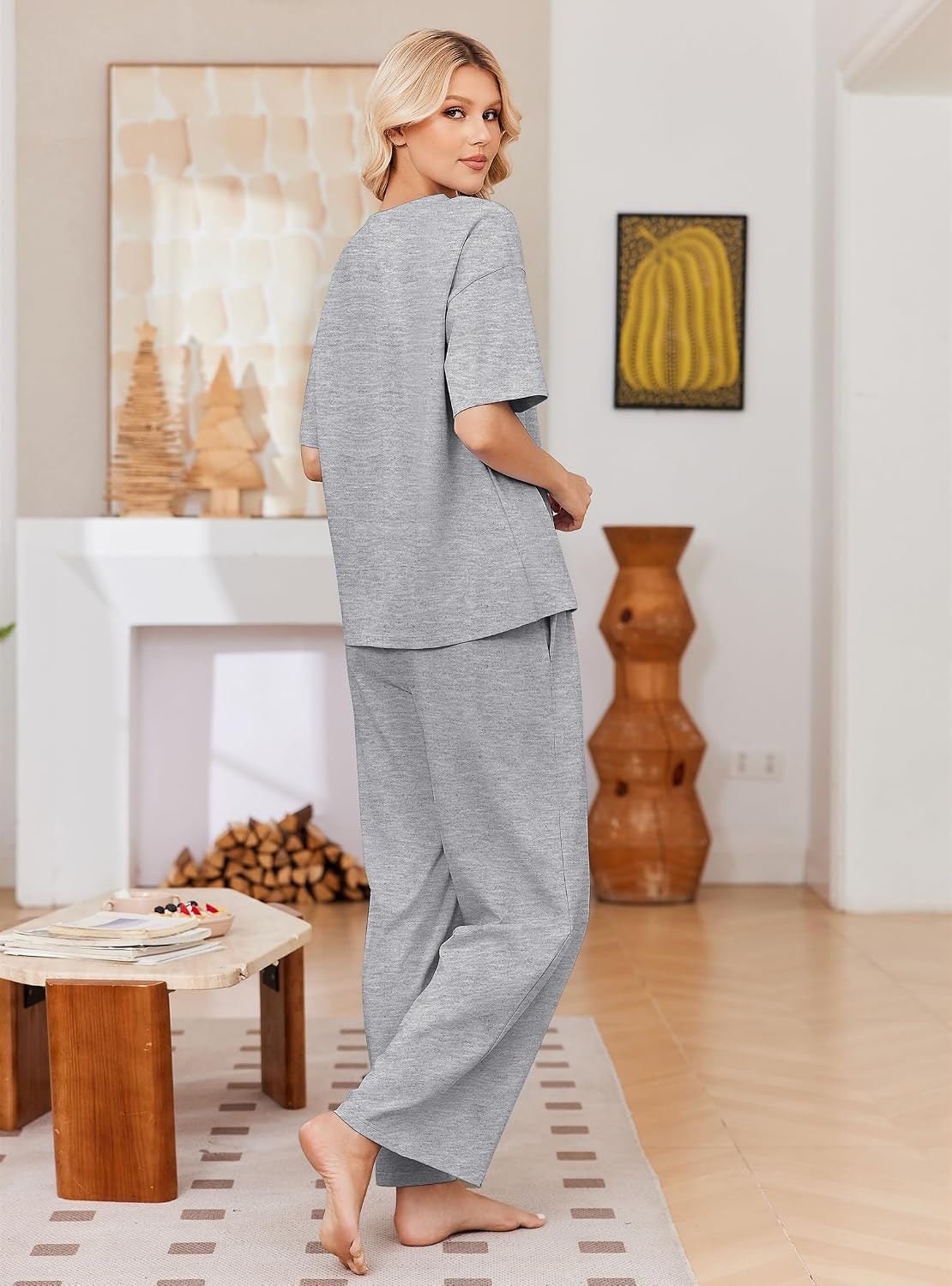 image:imageEkouaer Womens Pajama Sets Cotton Short Sleeve Long Pants Lounge SetLight Grey