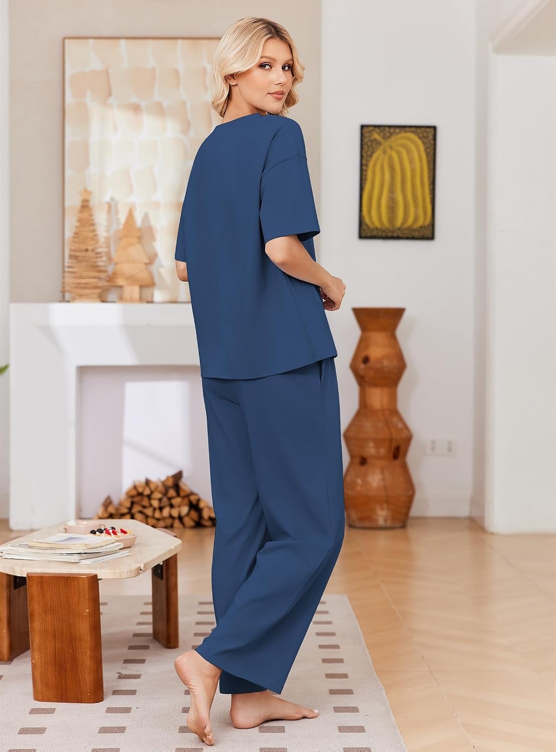image:imageEkouaer Womens Pajama Sets Cotton Short Sleeve Long Pants Lounge SetNavy