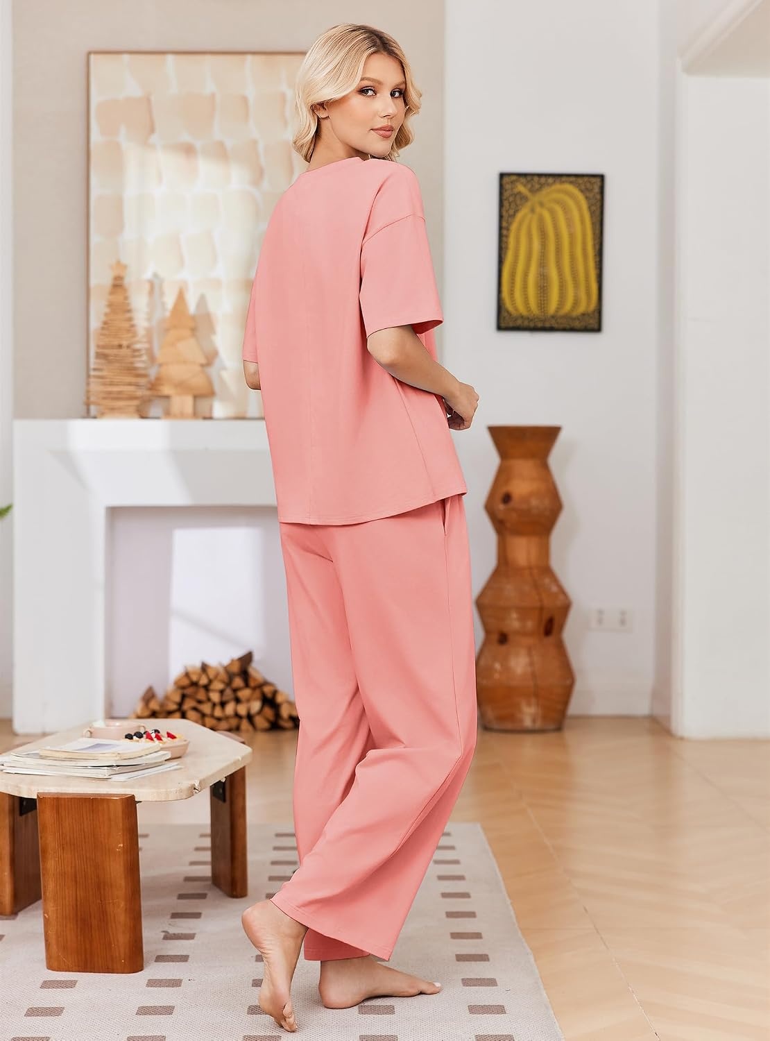 image:imageEkouaer Womens Pajama Sets Cotton Short Sleeve Long Pants Lounge SetOrange Pink