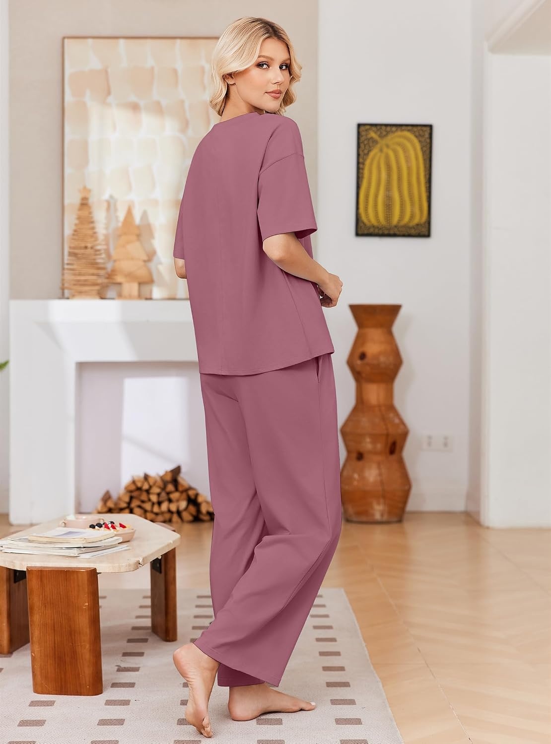image:imageEkouaer Womens Pajama Sets Cotton Short Sleeve Long Pants Lounge SetPurple Red