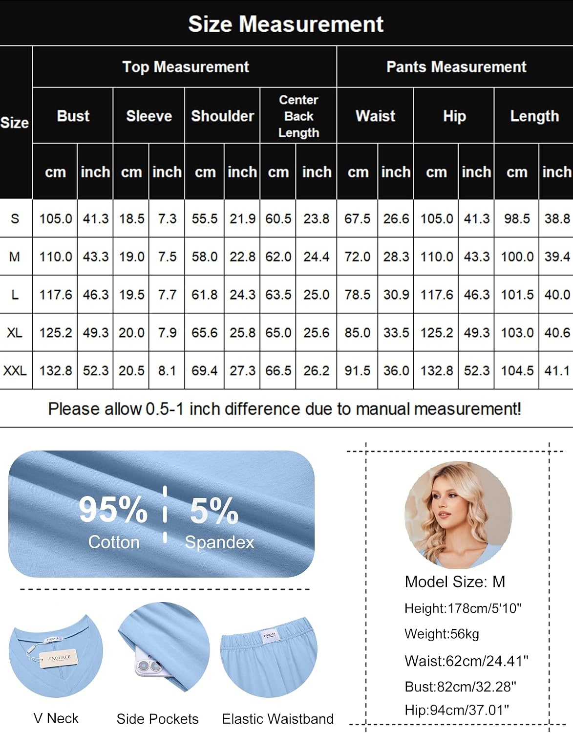 image:imageEkouaer Womens Pajama Sets Cotton Short Sleeve Long Pants Lounge SetWine