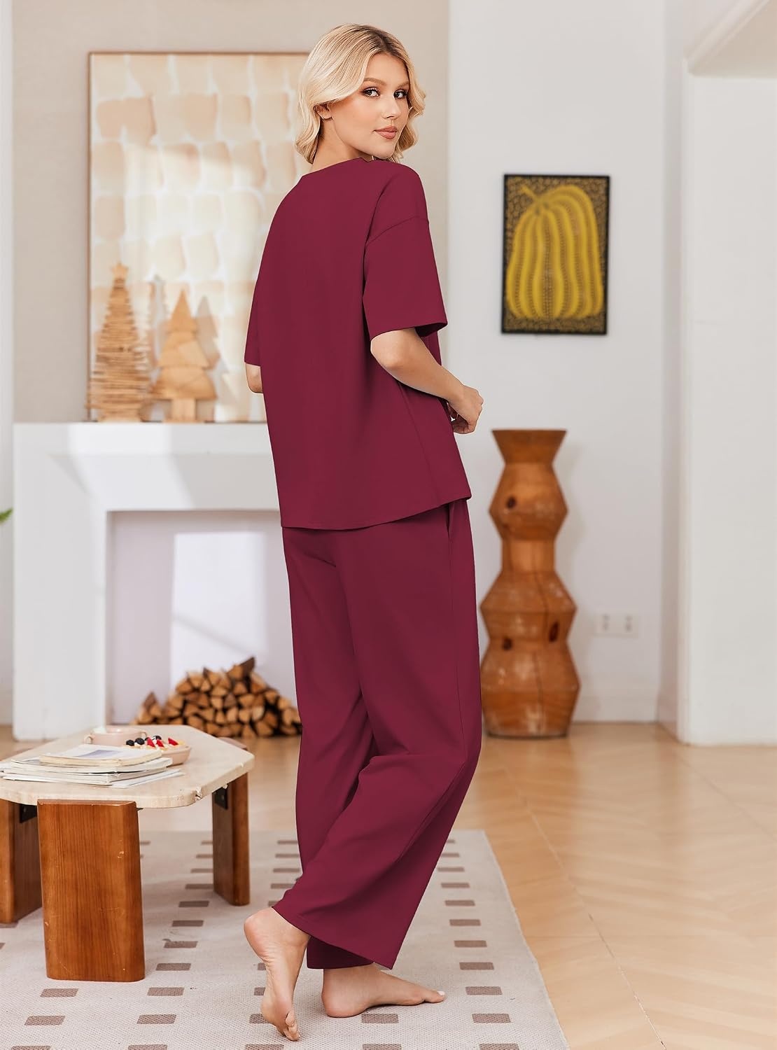 image:imageEkouaer Womens Pajama Sets Cotton Short Sleeve Long Pants Lounge SetWine