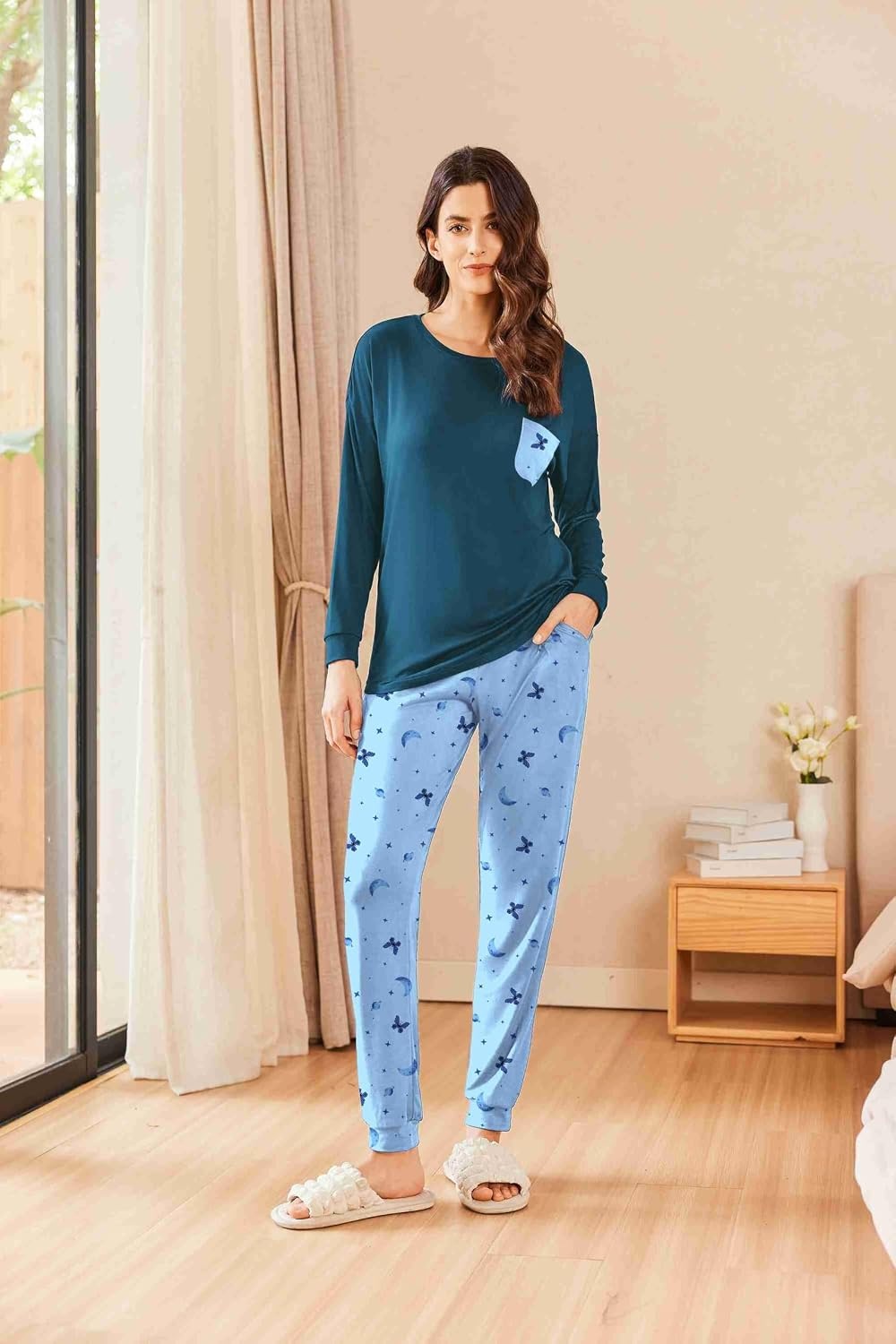 image:imageEkouaer Womens Pajama Sets Long Sleeve Pjs Lounge Sets Joggers with PocketsButterfly Blue