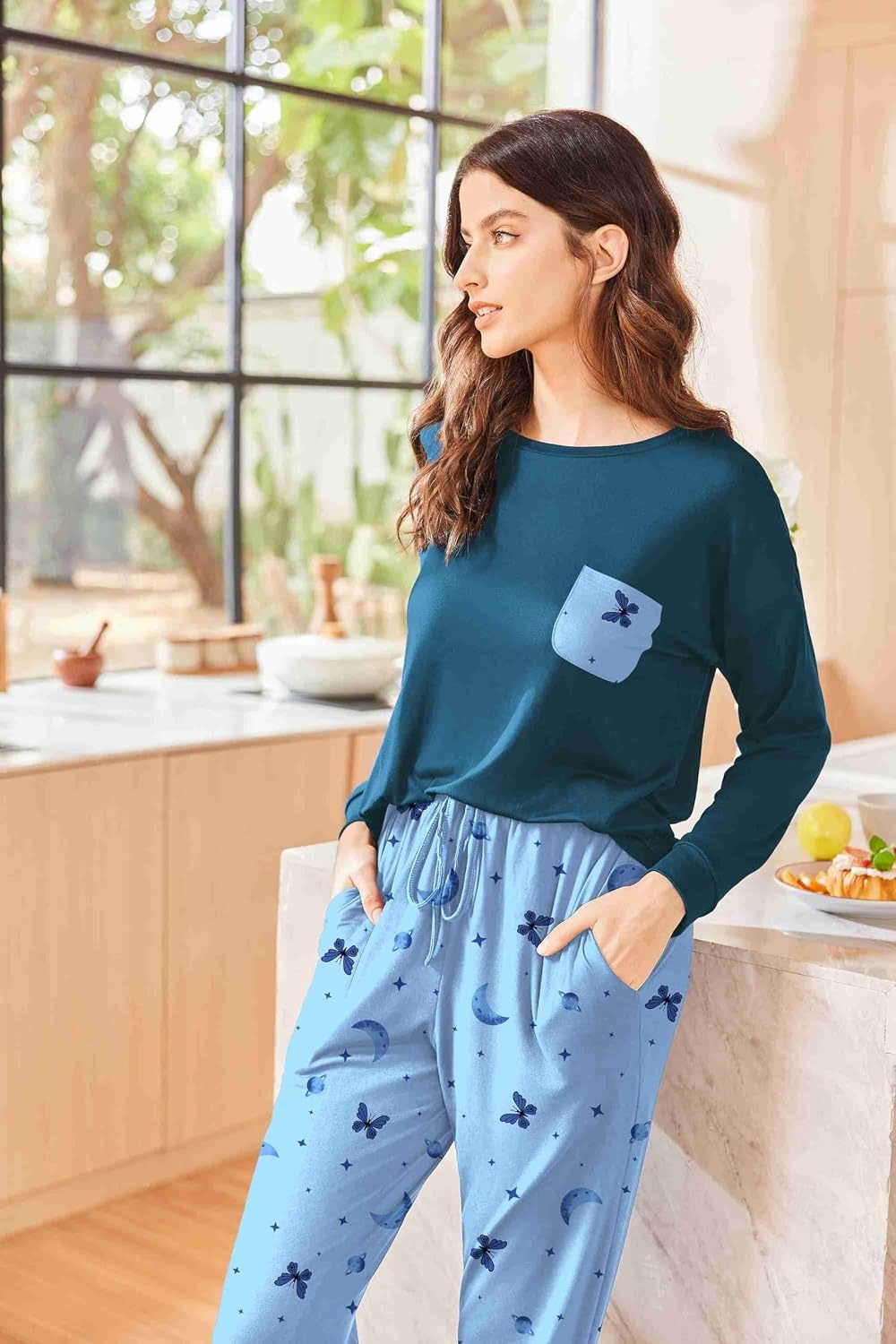 image:imageEkouaer Womens Pajama Sets Long Sleeve Pjs Lounge Sets Joggers with PocketsButterfly Blue
