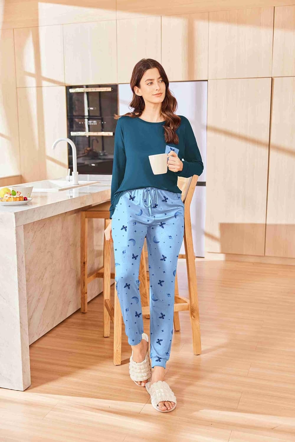 image:imageEkouaer Womens Pajama Sets Long Sleeve Pjs Lounge Sets Joggers with PocketsButterfly Blue