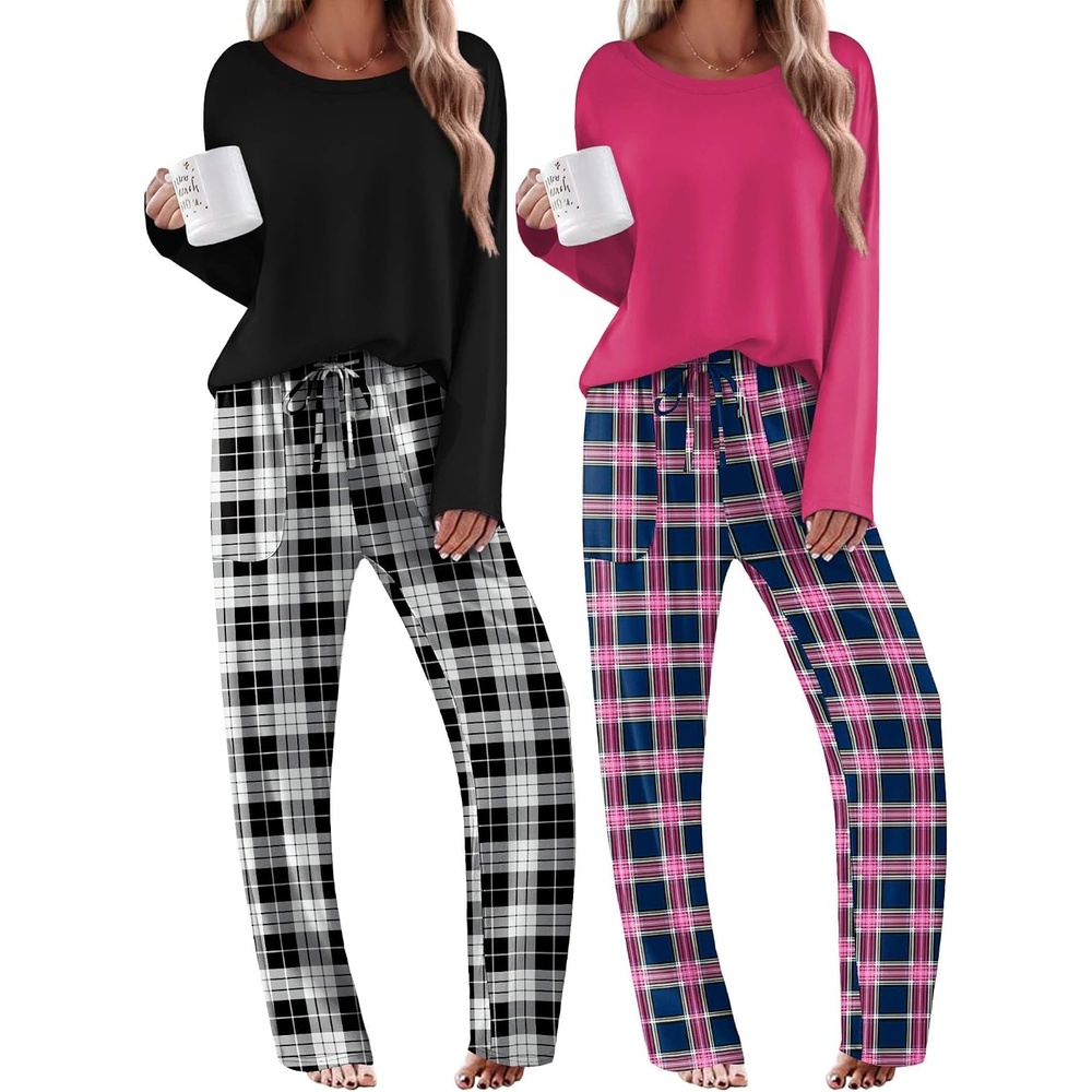 image:imageEkouaer 2 Pack Womens Pajama Sets Long Sleeve Long Pants Pjs LoungewearBlack PlaidRose Plaid