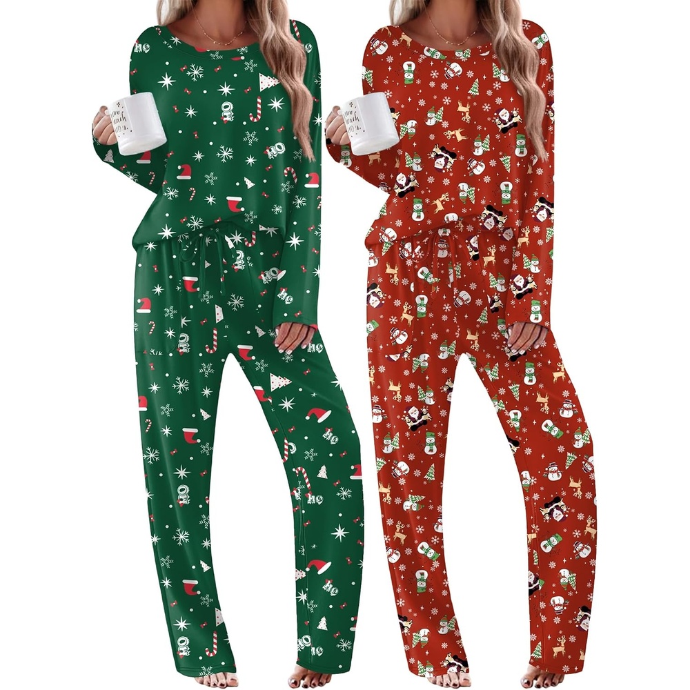 image:imageEkouaer 2 Pack Womens Pajama Sets Long Sleeve Long Pants Pjs LoungewearChristmas RedChristmas Green