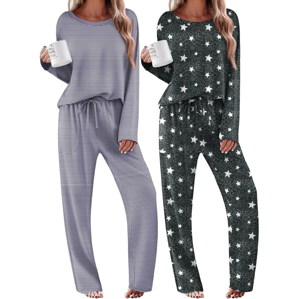 image:imageEkouaer 2 Pack Womens Pajama Sets Long Sleeve Long Pants Pjs LoungewearDark Grey StarsNavy Striped