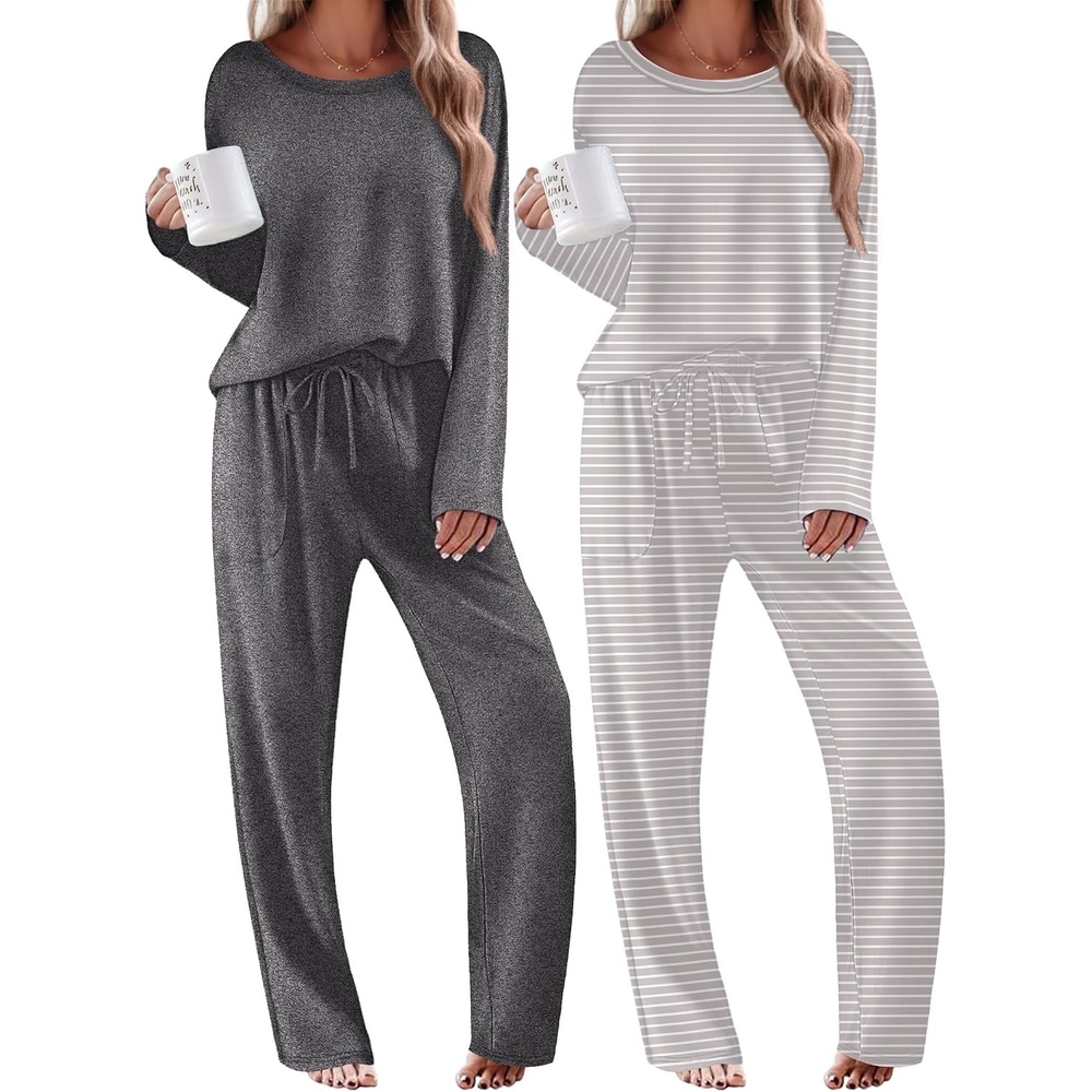 image:imageEkouaer 2 Pack Womens Pajama Sets Long Sleeve Long Pants Pjs LoungewearDark GreyGrey Striped