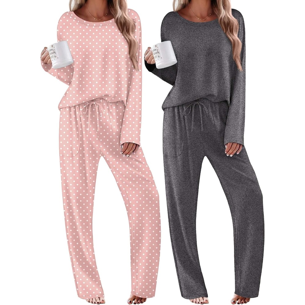 image:imageEkouaer 2 Pack Womens Pajama Sets Long Sleeve Long Pants Pjs LoungewearGreyLight Pink Dots