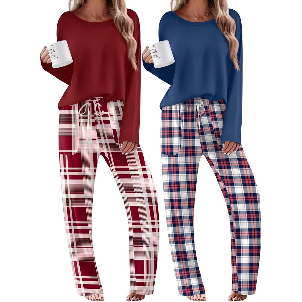 image:imageEkouaer 2 Pack Womens Pajama Sets Long Sleeve Long Pants Pjs LoungewearNavy PlaidWine Plaid