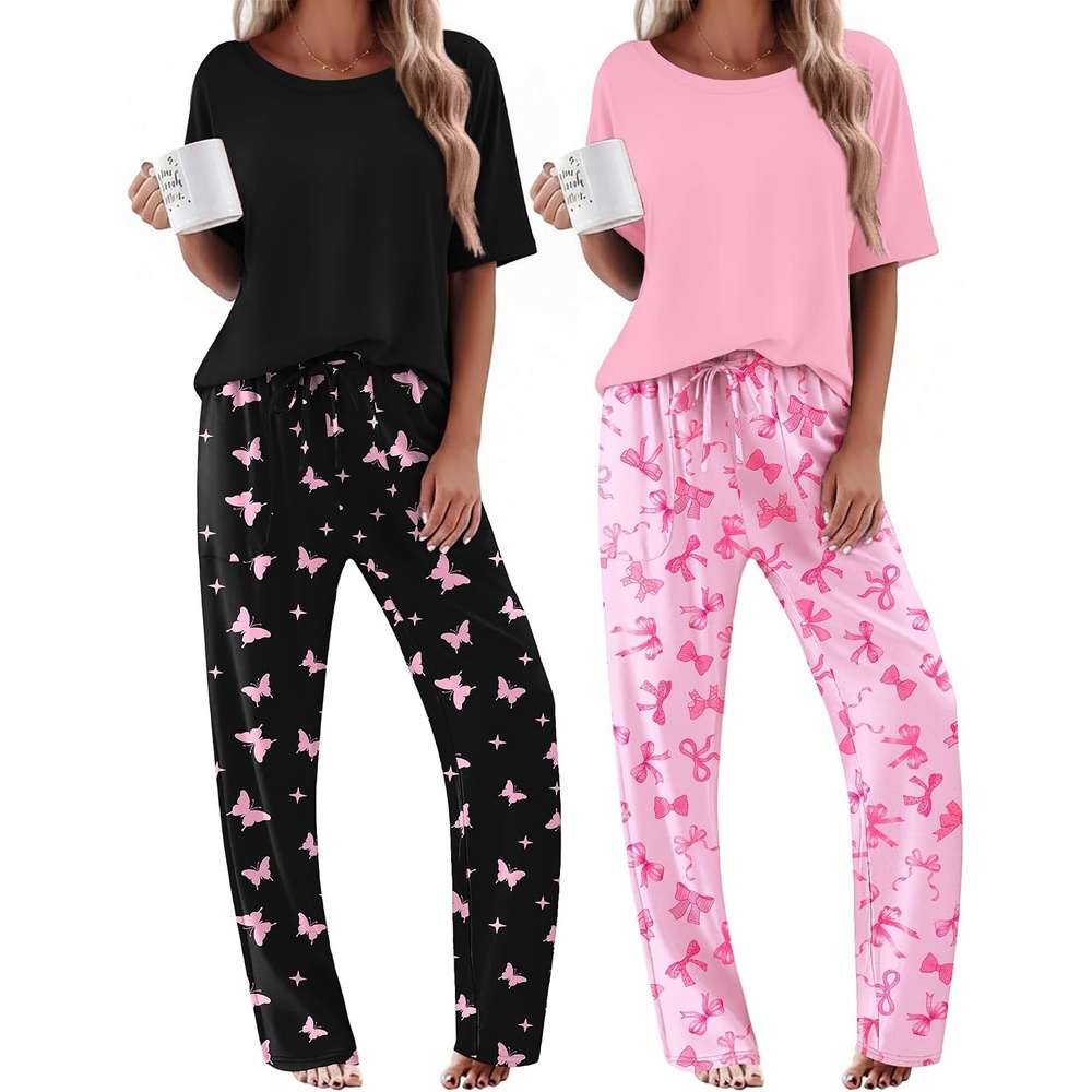 image:imageEkouaer 2 Pack Womens Pajamas Sets Short Sleeve Long Pants Pjs Lounge SetBlack ButterflyPink Butterfly