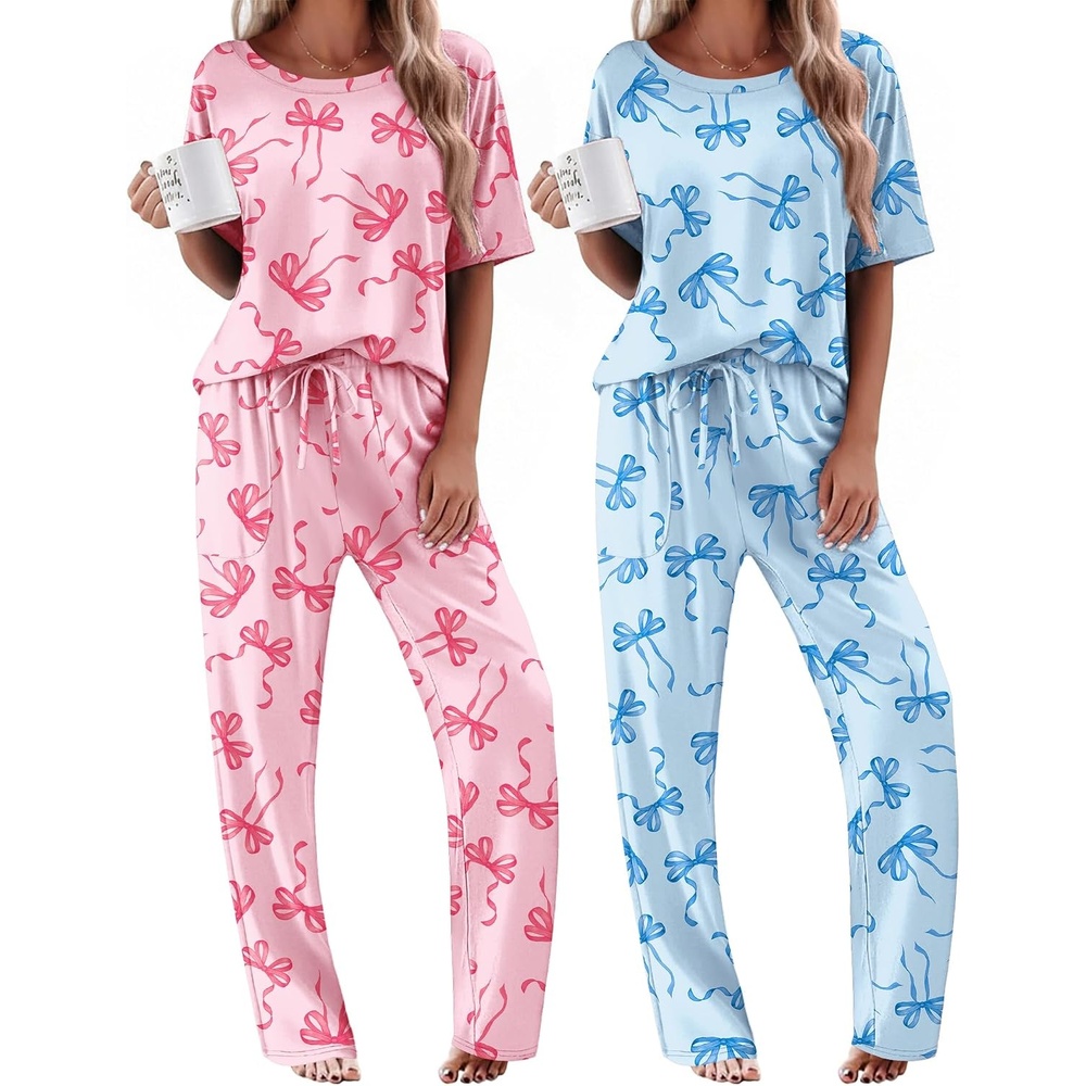 image:imageEkouaer 2 Pack Womens Pajamas Sets Short Sleeve Long Pants Pjs Lounge SetPink BowBlue Bow