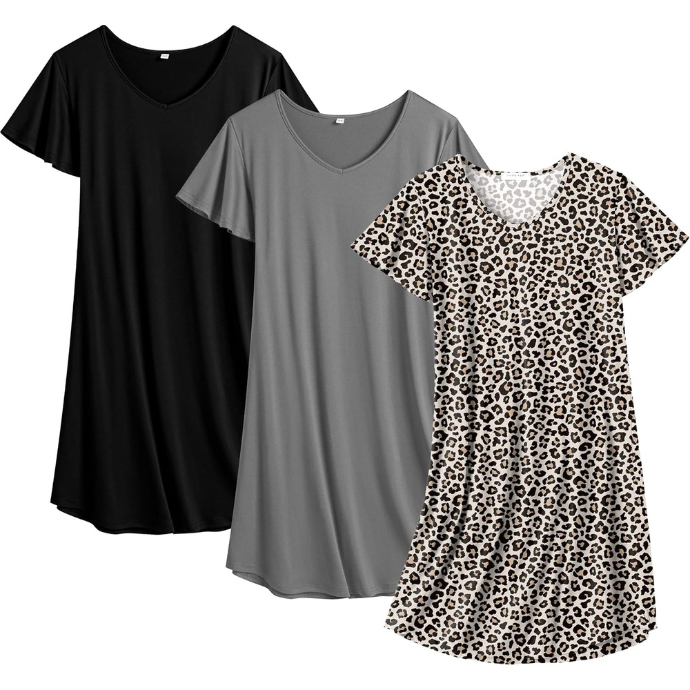 image:imageEkouaer Cotton Nightgowns for Women 3 Pack Short Sleeve Sleepshirts TshirtBlackGreyLeopard