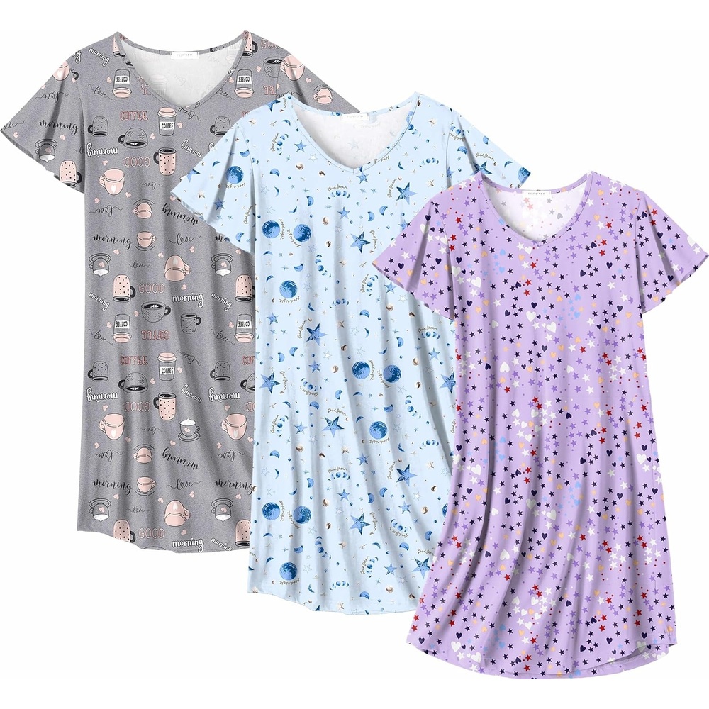 image:imageEkouaer Cotton Nightgowns for Women 3 Pack Short Sleeve Sleepshirts TshirtCoffee CupMoon StarPurple Star