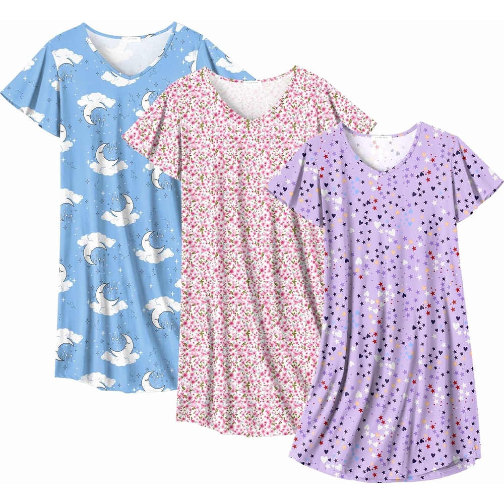 image:imageEkouaer Cotton Nightgowns for Women 3 Pack Short Sleeve Sleepshirts TshirtPink FloralPurple StarBlue Moon