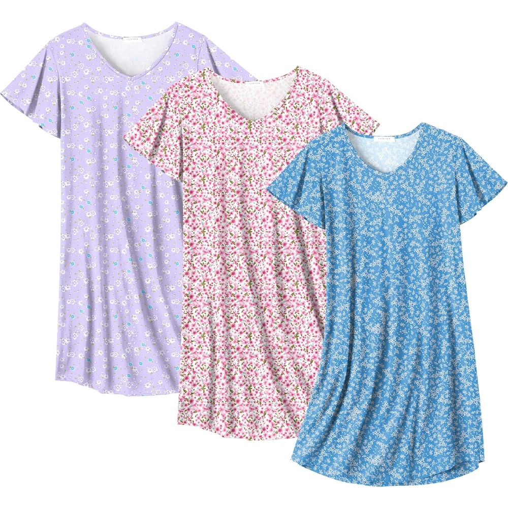 image:imageEkouaer Cotton Nightgowns for Women 3 Pack Short Sleeve Sleepshirts TshirtPurple FlowerPink FloralBlue Floral