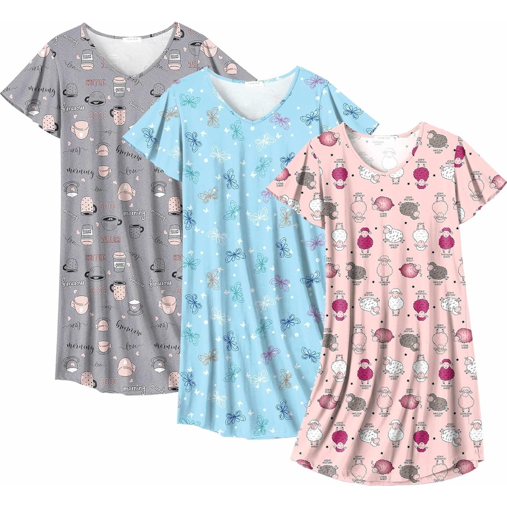 image:imageEkouaer Cotton Nightgowns for Women 3 Pack Short Sleeve Sleepshirts TshirtSheepCoffee CupBlue Butterfly