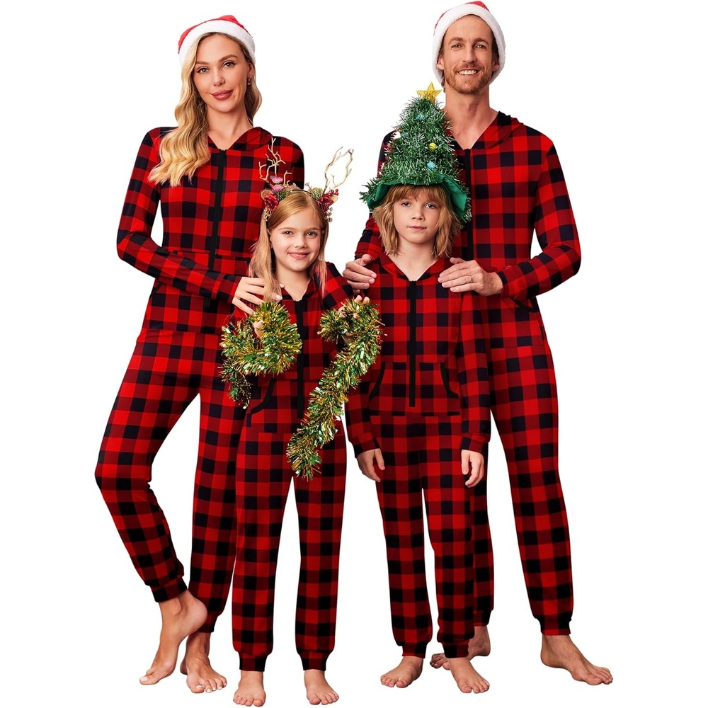 image:imageEkouaer Family Christmas Onesie Pajamas Matching Sets Hooded One Piece PjsFamily Christmas Buffalo Plaid Print