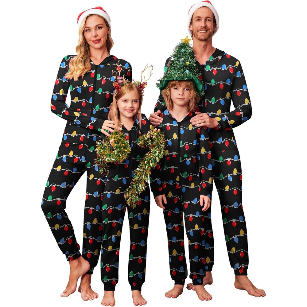 image:imageEkouaer Family Christmas Onesie Pajamas Matching Sets Hooded One Piece PjsFamily Christmas Lights Print