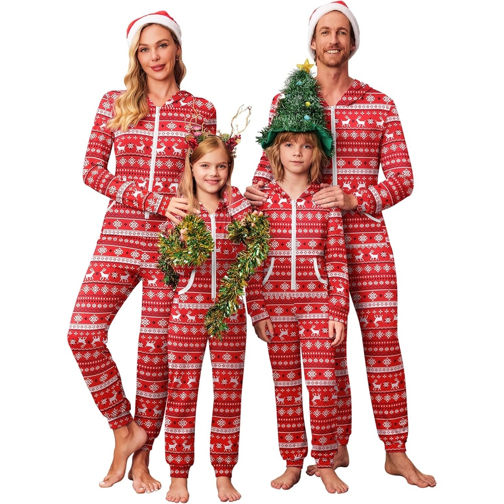 image:imageEkouaer Family Christmas Onesie Pajamas Matching Sets Hooded One Piece PjsFamily Red Reindeer Print