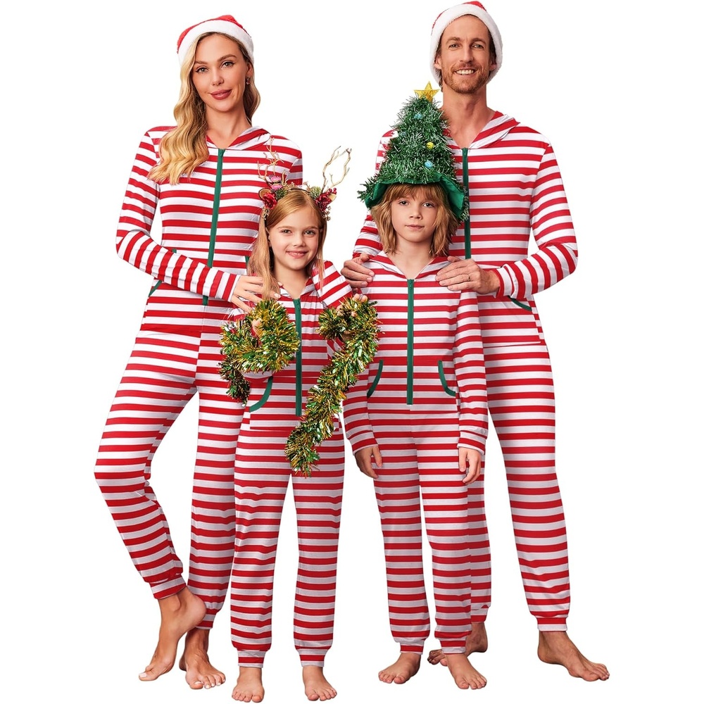 image:imageEkouaer Family Christmas Onesie Pajamas Matching Sets Hooded One Piece PjsFamily Red Striped Print
