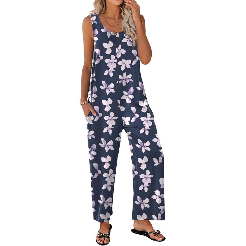 image:imageEkouaer Jumpsuits for Women Casual Summer Sleeveless Rompers Travel OutfitsBlueWhite Flower