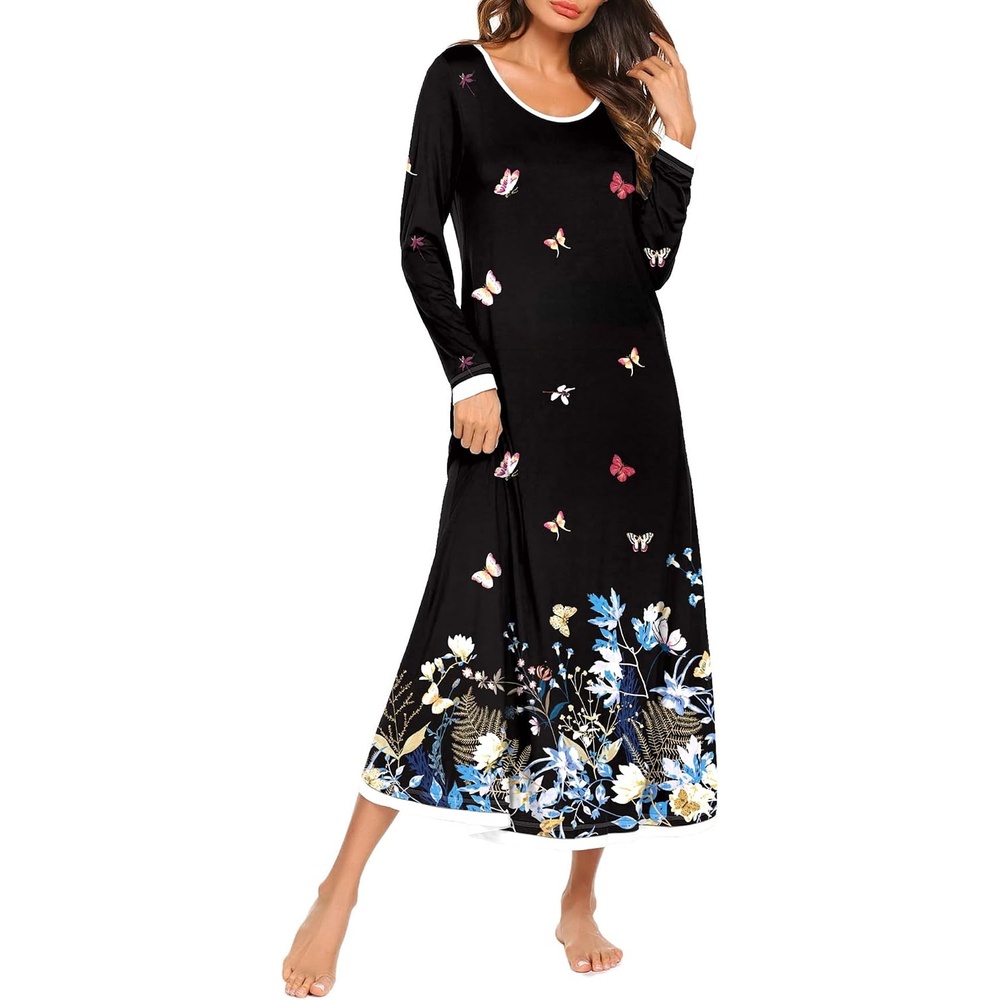 image:imageEkouaer Long Nightgowns for Women Long Sleeve Night Gown NightshirtBlack Butterfly