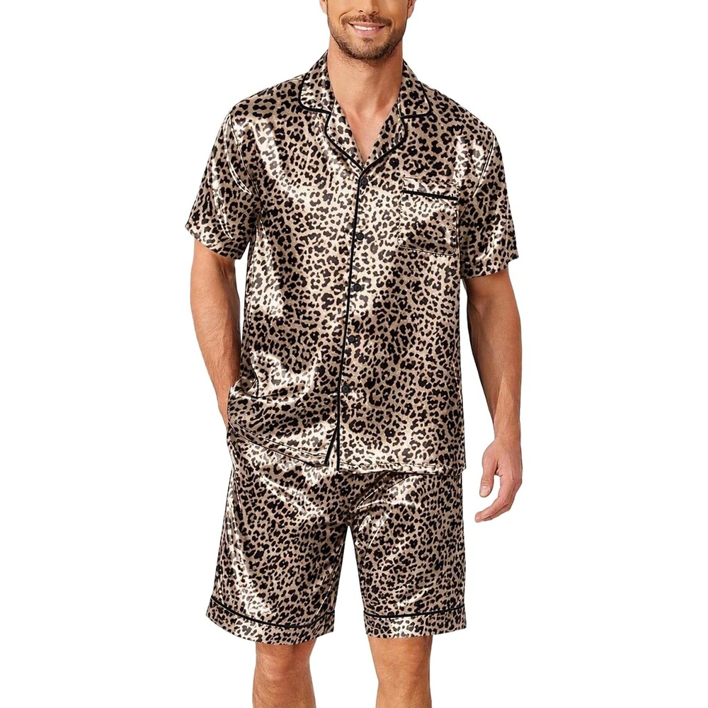 image:imageEkouaer Mens Pajamas Set Silk Satin Pjs Short Sleeve Button Up Lounge SetsBrown Leopard