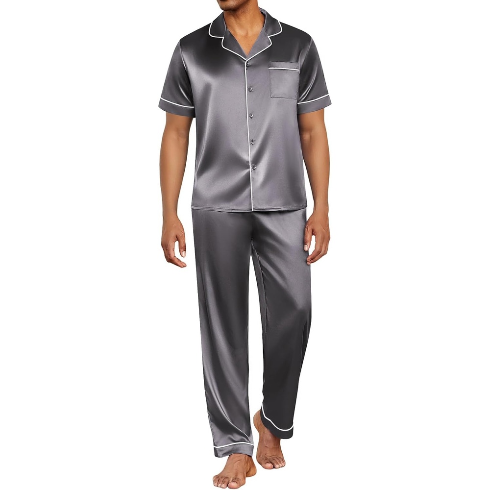 image:imageEkouaer Mens Satin Pajama Set Short Sleeve Button Down Sleepwear with PantDark Grey