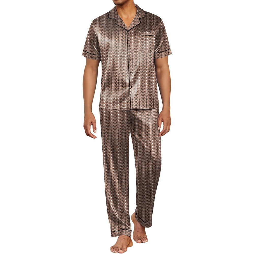 image:imageEkouaer Mens Satin Pajama Set Short Sleeve Button Down Sleepwear with PantHexagonalBrown