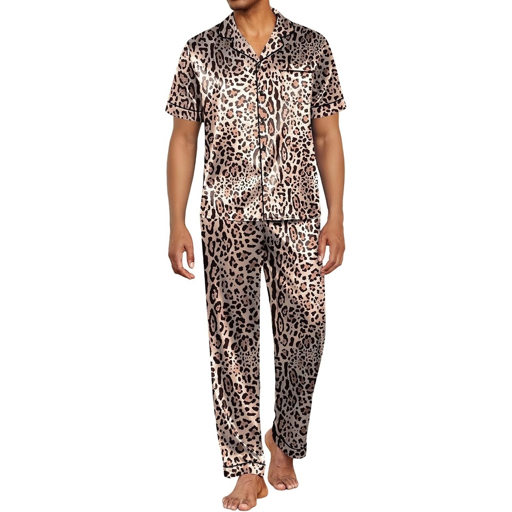 image:imageEkouaer Mens Satin Pajama Set Short Sleeve Button Down Sleepwear with PantLeopard Print