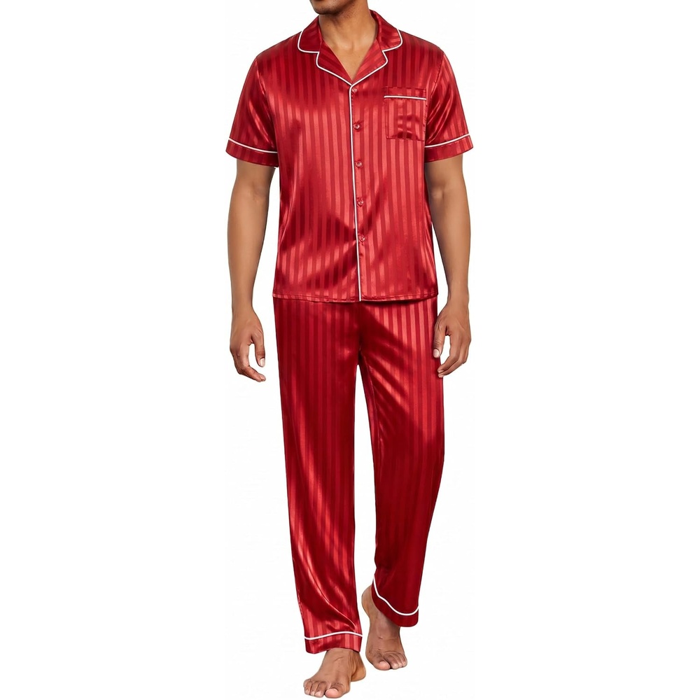 image:imageEkouaer Mens Satin Pajama Set Short Sleeve Button Down Sleepwear with PantStripesRed