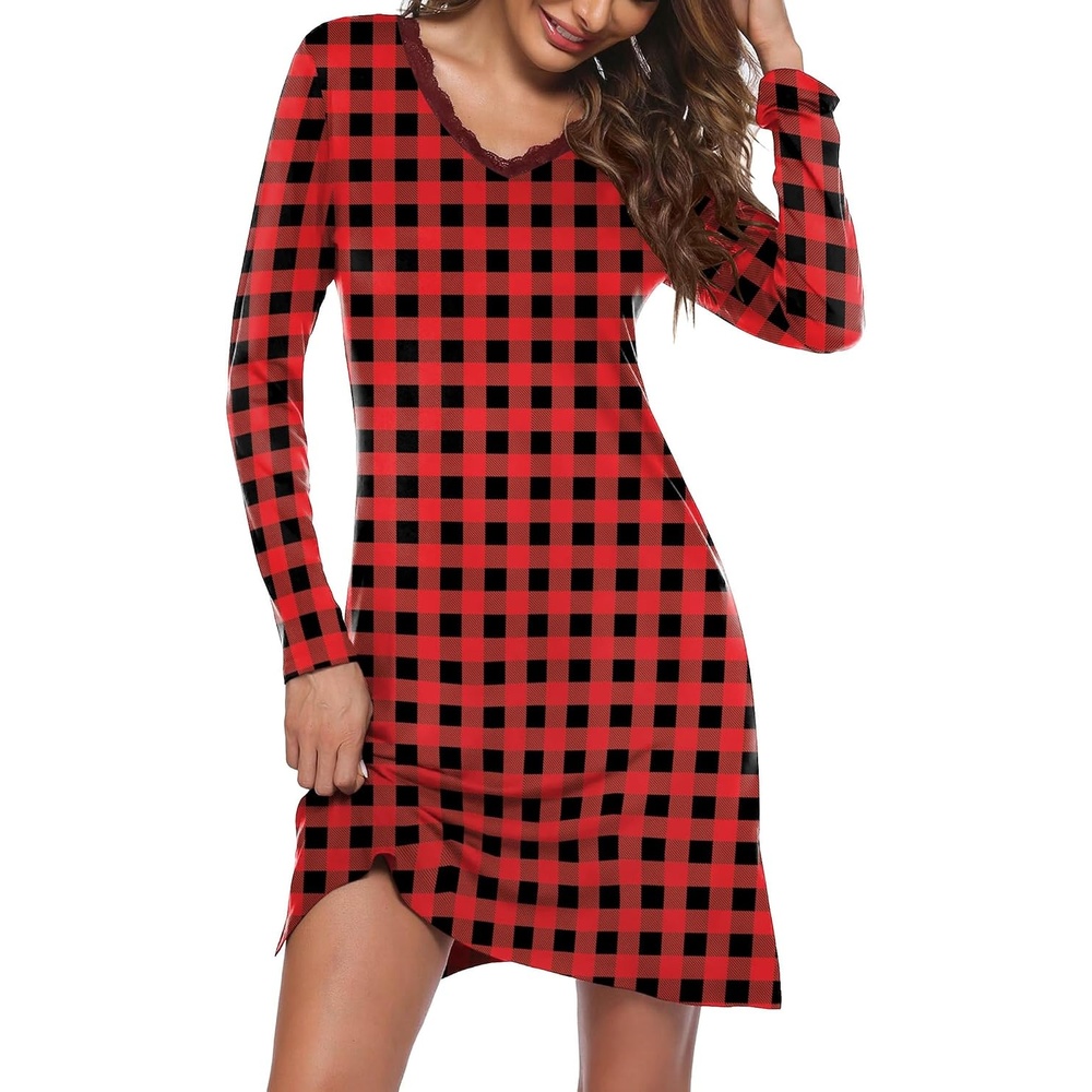 image:imageEkouaer Nightgowns for Women Long Sleeve Sleep Shirt Sexy Lace Night ShirtRed Black Plaid