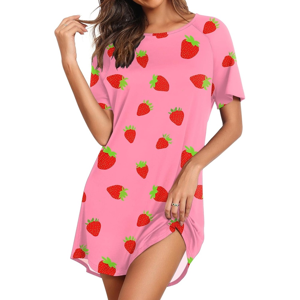 image:imageEkouaer Nightgowns for Women Short Sleeve Sleep Shirts Pullover NightshirtPink Strawberry