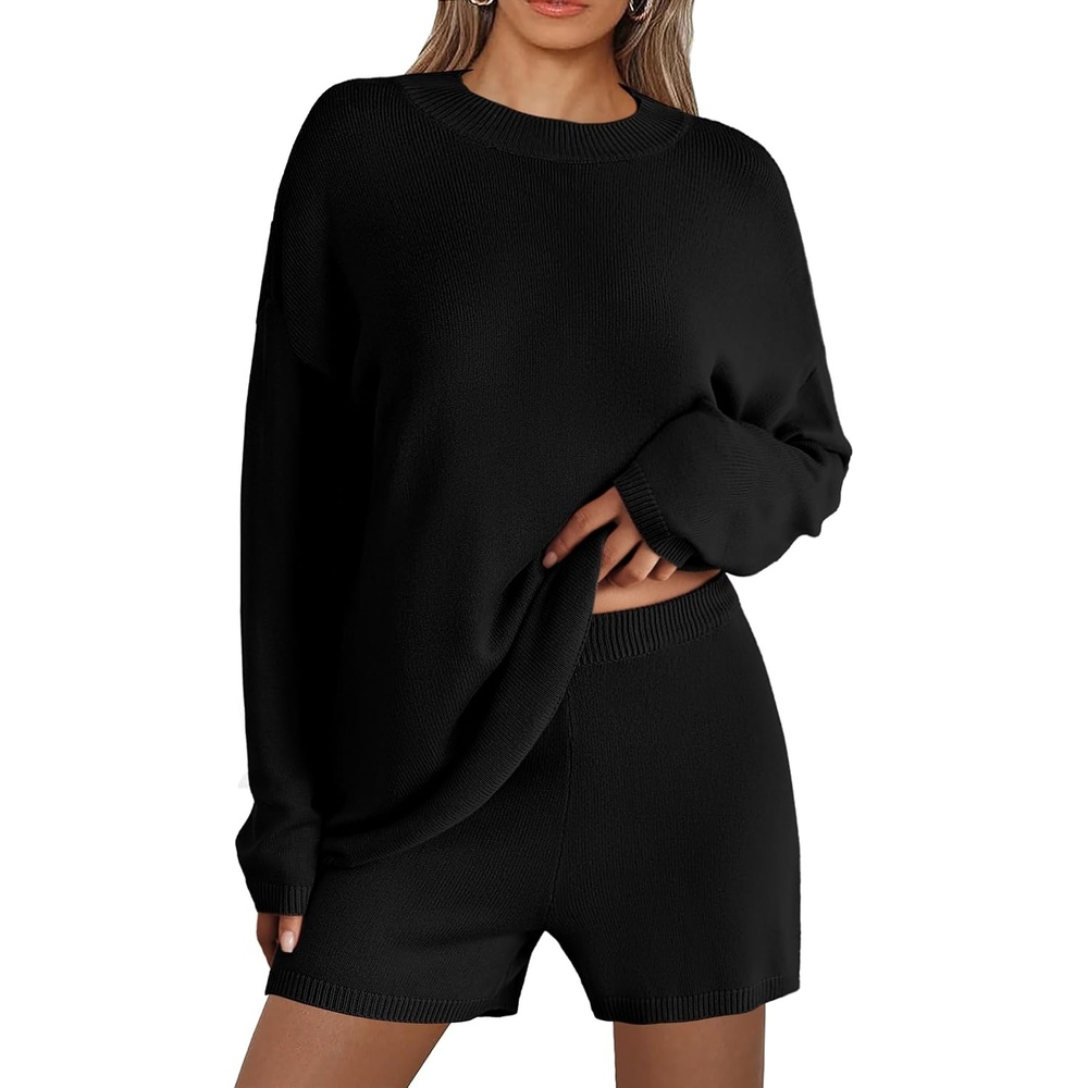 image:imageEkouaer Pajamas Womens 2 Piece Lounge Set Cozy Knit Long Sleeve Sweater Shorts Set Oversized Matching OutfitsBlack