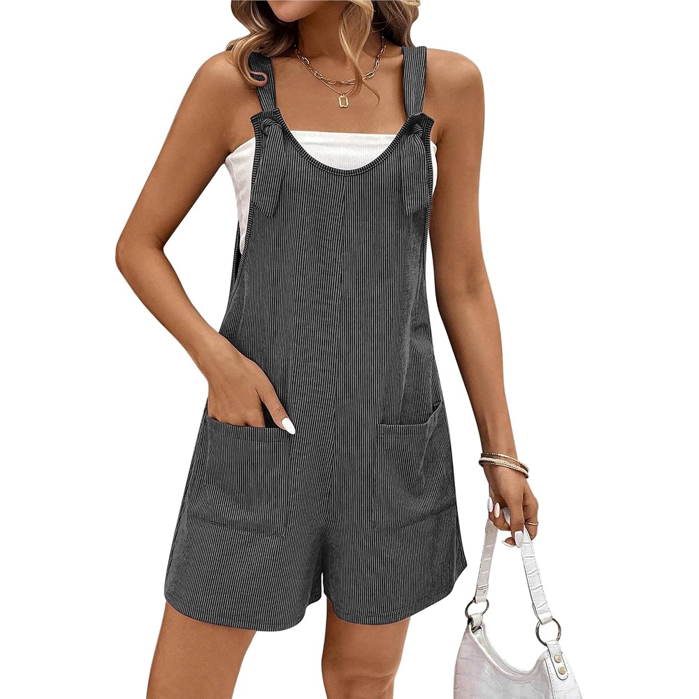 image:imageEkouaer Rompers for Women 2026 Fashion Ribbed Knit Jumpsuit Scoop Neck Loose Outfit Wide Leg Summer One Piece ShortallsDark Grey