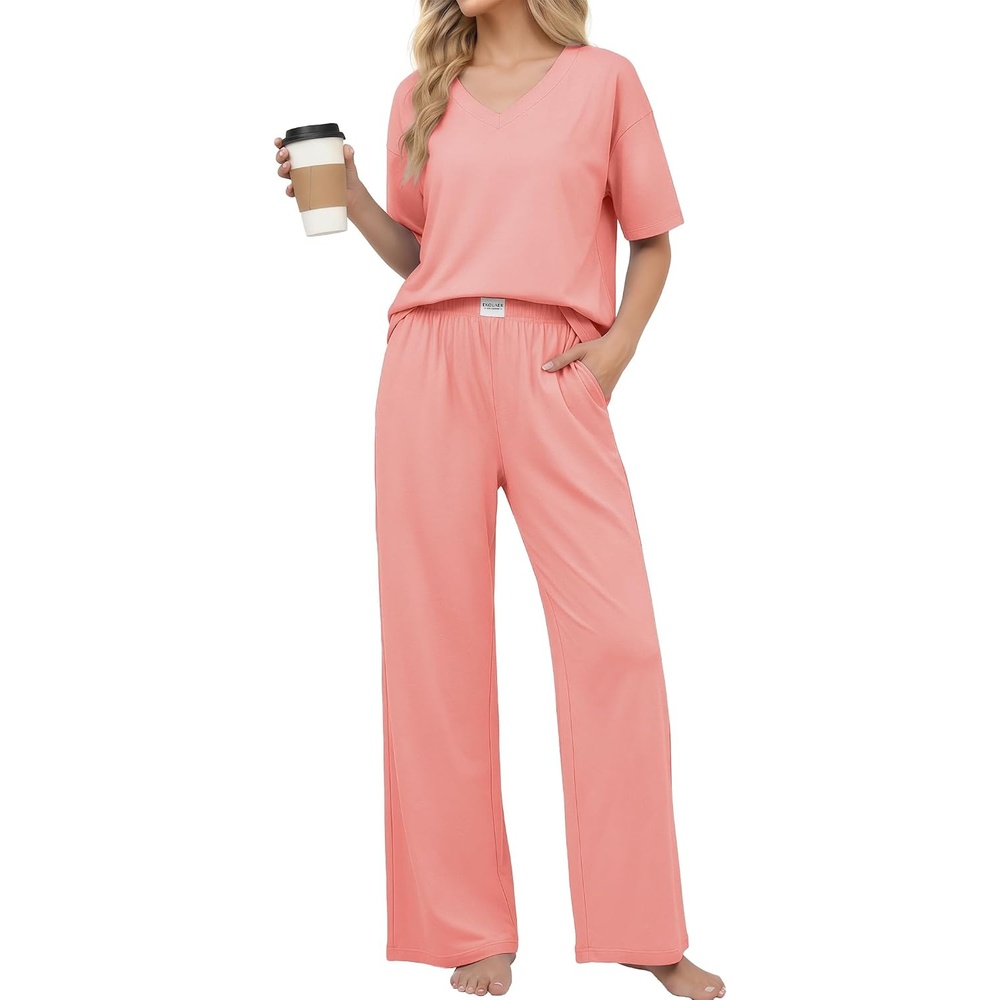 image:imageEkouaer Womens Pajama Sets Cotton Short Sleeve Long Pants Lounge SetOrange Pink