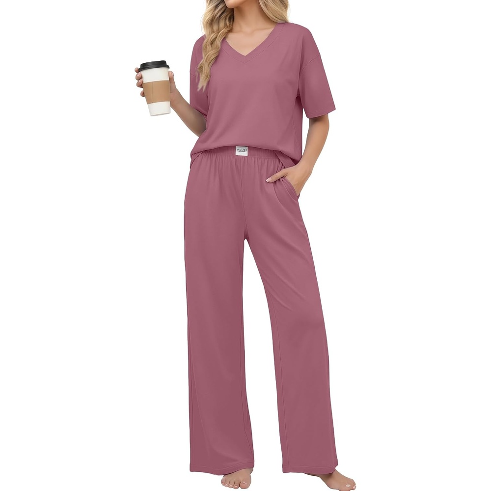 image:imageEkouaer Womens Pajama Sets Cotton Short Sleeve Long Pants Lounge SetPurple Red