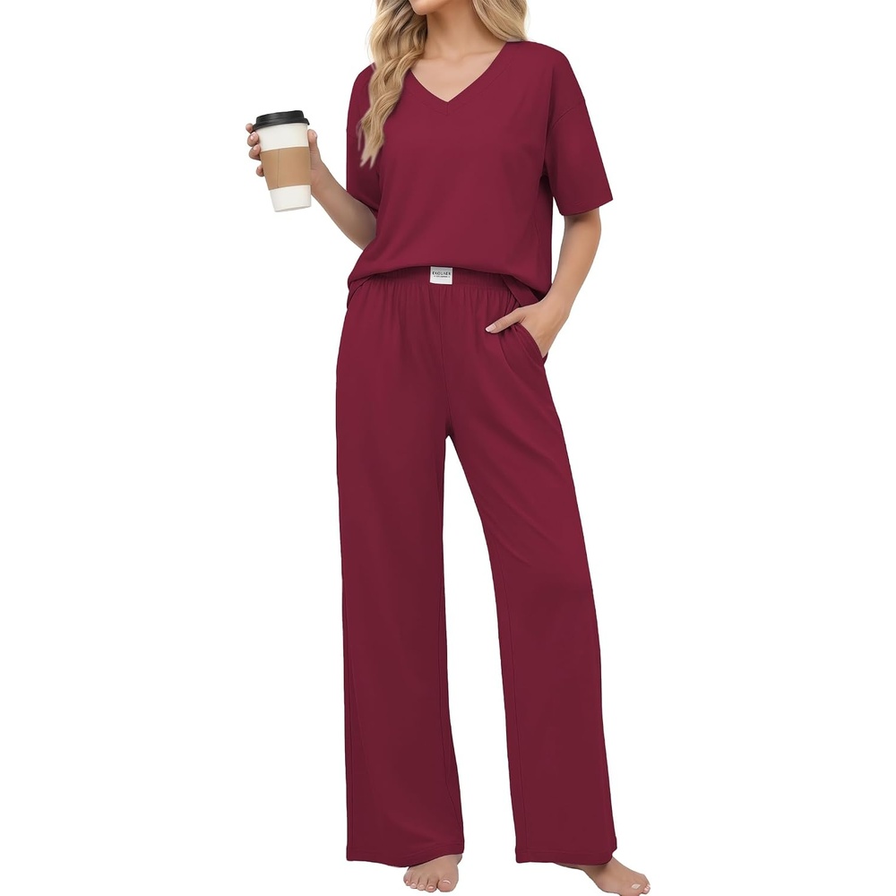 image:imageEkouaer Womens Pajama Sets Cotton Short Sleeve Long Pants Lounge SetWine