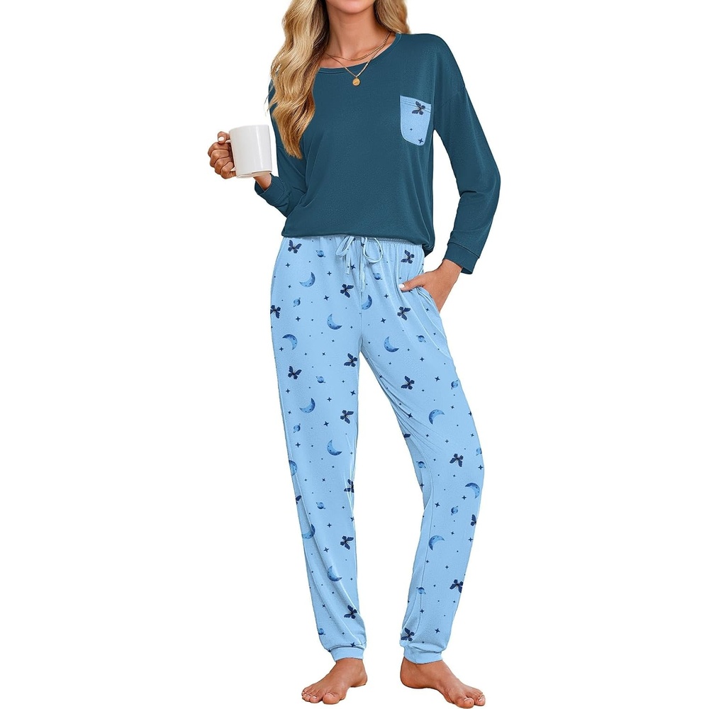 image:imageEkouaer Womens Pajama Sets Long Sleeve Pjs Lounge Sets Joggers with PocketsButterfly Blue