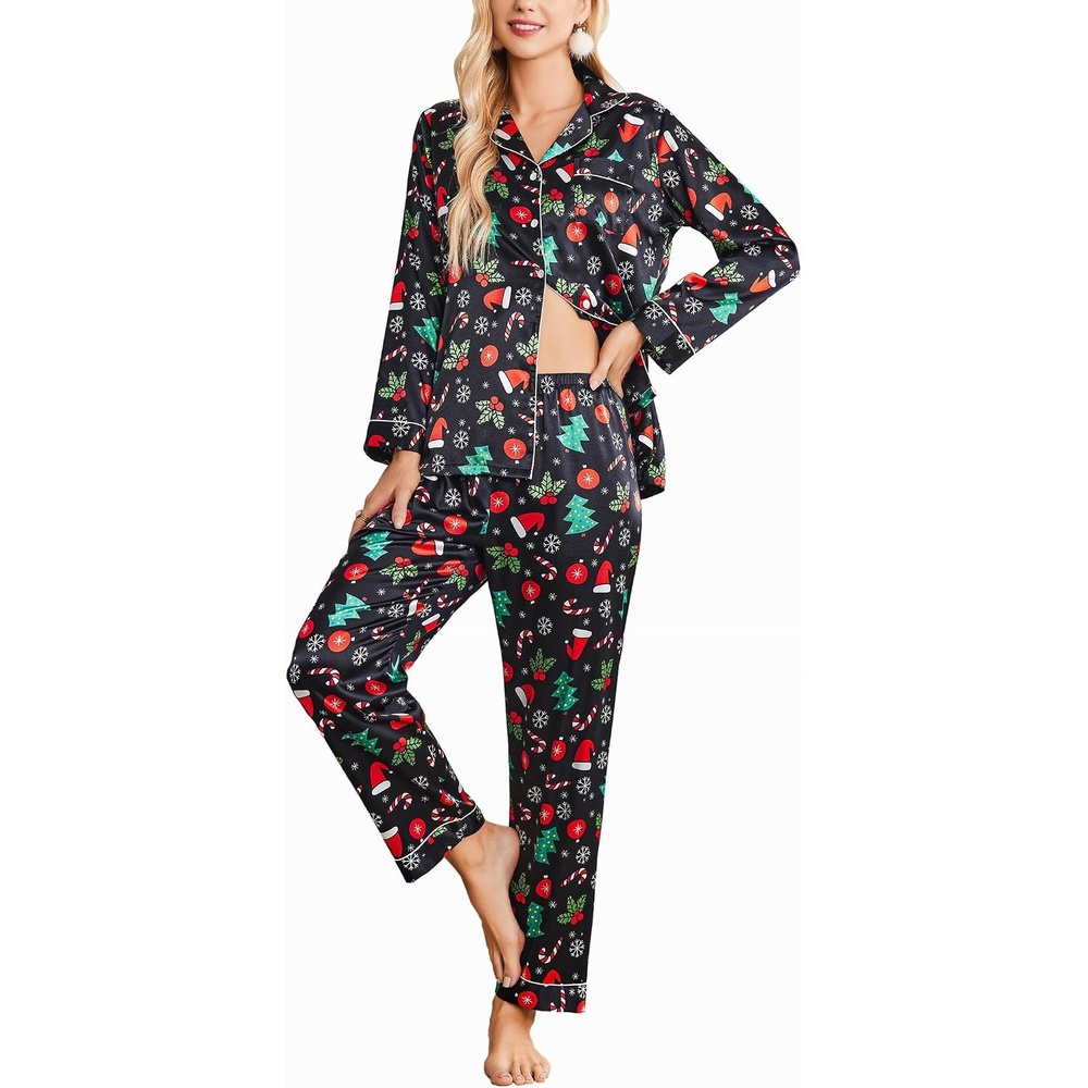 image:imageEkouaer Womens Satin Silky Pajama Set Classic Pattern Button Down Pjs SetBlack Christmas 03