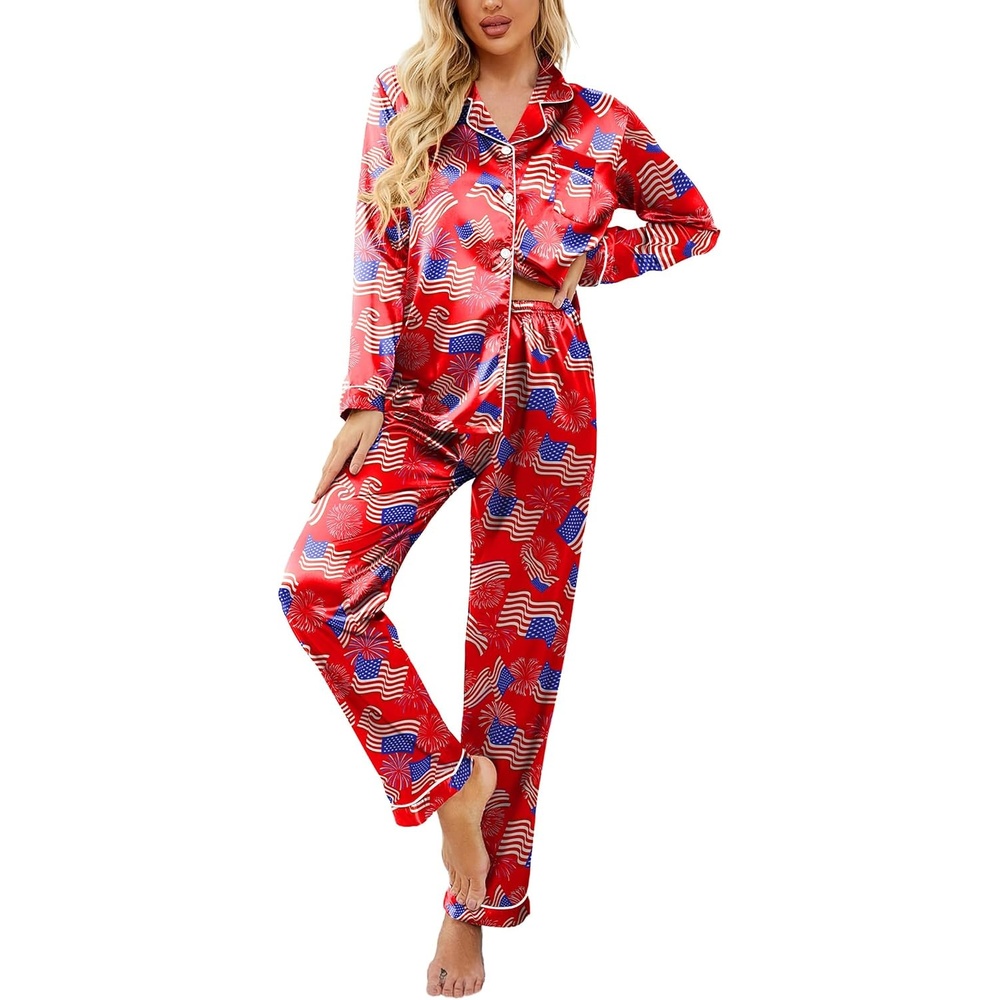 image:imageEkouaer Womens Satin Silky Pajama Set Classic Pattern Button Down Pjs SetFlag 03