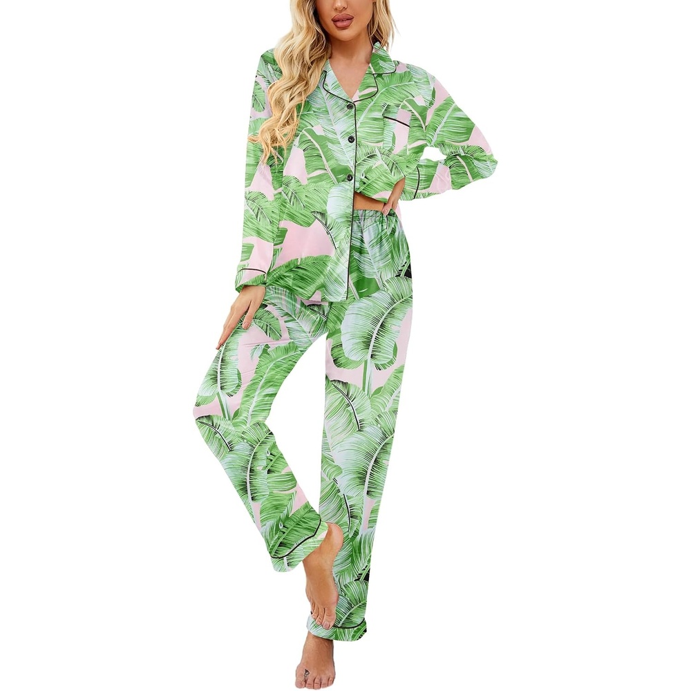 image:imageEkouaer Womens Satin Silky Pajama Set Classic Pattern Button Down Pjs SetPink Palm Leaves 03