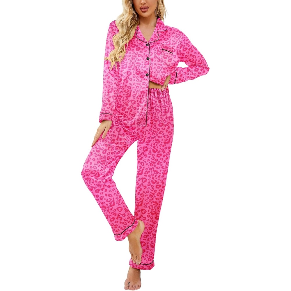 image:imageEkouaer Womens Satin Silky Pajama Set Classic Pattern Button Down Pjs SetRose Leopard 03