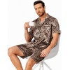 Ekouaer Mens Pajamas Set Silk Satin Pjs Short Sleeve Button Up Lounge Sets(Brown Leopard)