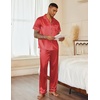Ekouaer Mens Satin Pajama Set Short Sleeve Button Down Sleepwear with Pant(Stripes/Red)